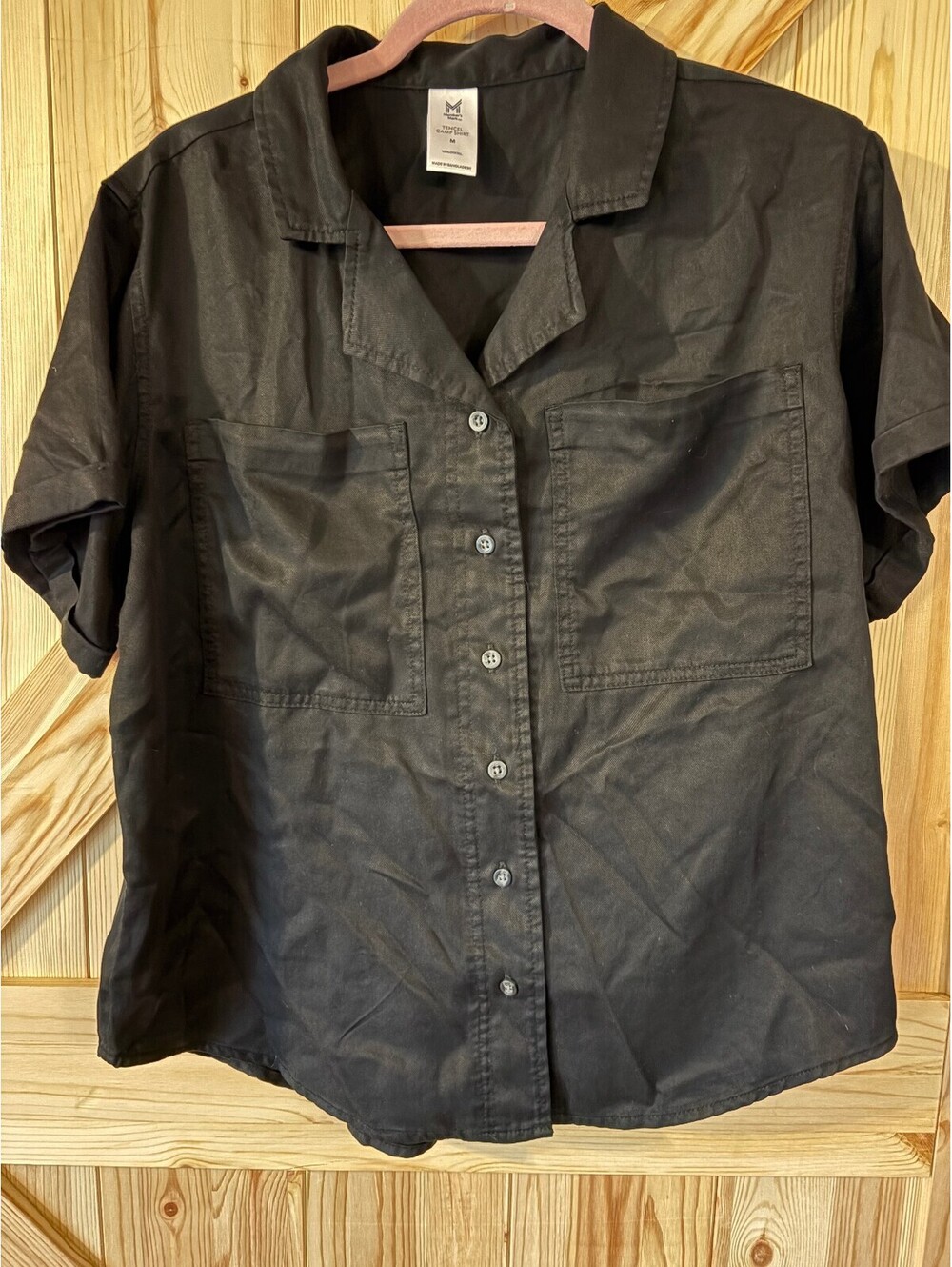 Member's Mark Tencel Camp Shirt Medium Black Short Sleeve Button Up NWT